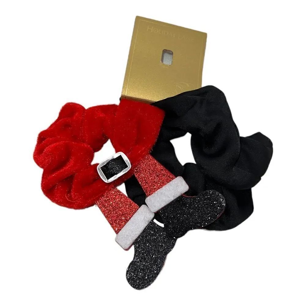 INC International Concepts 2 Piece Set Santa Scrunchies Red Black NWT